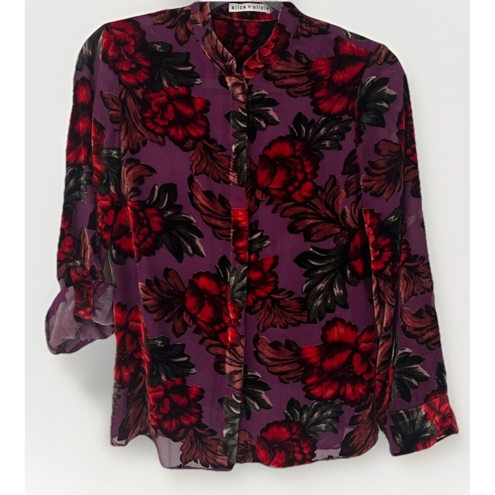 Alice + Olivia Velvet Burnout Floral Sheer Blouse Size XS Roll Tab Sleeve - Picture 5 of 8
